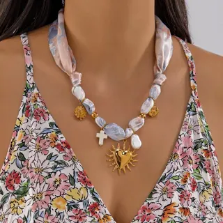 Boho Silk Scarf Bead Necklace with 18K Gold Plated Sun Heart & Cross Pendant, Stainless Steel Vintage Statement Necklace for Women, 50+5cm Adjustable