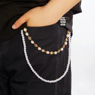 Pearl & Rhinestone Flower Belt Chain Set, 18K Gold Plated Alloy Wire Bead Waist Chain 47cm+57cm Double Layer, Y2K Western Vintage Hip Chain for Women