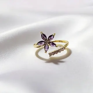 Flower Ring for Women, Adjustable Open Band, 18K Gold Plated Copper with Pink Marquise CZ Petals & Pearl Flower, French Vintage Statement Ring