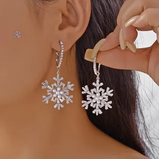 Christmas Snowflake Earrings for Women, Rhinestone & Faux Pearl Dangle Earrings, Silver Alloy Electroplated, 6cm Elegant Holiday Party Jewelry Gift