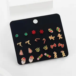 Christmas Earrings Set 12 Pairs - Alloy Enamel Santa Gingerbread Candy Cane Tree Bow Cute Holiday Stud Earrings Gift for Women
