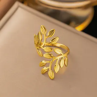 Boho Leaf Ring for Women, Adjustable Open Band, Stainless Steel Hypoallergenic Gold-Plated, Nature Branch Design, Stackable Fashion Jewelry
