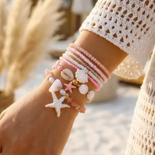 Ocean Starfish Shell Bracelet Set, 6pcs Pink Beaded Charm Bracelets with Soft Clay Star & Shell Charms, 18cm Stackable Boho Beach Jewelry for Women Girls