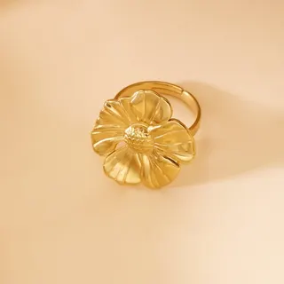 Stainless Steel Flower Ring for Women, Adjustable Open Band, 5-Petal Gold Plated with Brushed Texture, Hypoallergenic Fashion Jewelry Gift