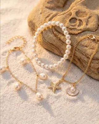 Pearl Starfish Shell Anklet Set - 3pcs Beach Vacation Jewelry, Gold Plated Alloy & Pearl, Adjustable 20+5/20cm, Boho Summer Bracelet Anklet Gift for Women