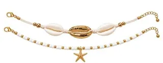 Shell Bead Anklet Set of 2 - Gold Starfish Charm & Cowrie Shell Anklets, Beach Vacation Jewelry for Women, 18K Gold Plated Alloy