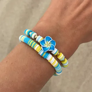 Bohemian Plumeria Flower Bracelet, Yellow & White Woven Wrap with 3D Gradated Petal, Soft Clay + CCB, Summer Beach Vacation Jewelry, Approx 18cm