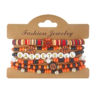 Football Soccer Beaded Bracelet Set of 6 - Black & White Letter Charm Bracelets, Alloy Clay & Rice Beads, 18cm Stackable Sporty Jewelry for Fans