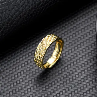 Adjustable Open Ring Gold Plated Alloy Wide Band with Cicada Engraving & Woven Grid Texture, One Size Fits All, Unisex Vintage Boho Statement Ring