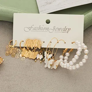 Butterfly Earrings Set of 5 - Enamel Hollow & Pearl Hoop Ear Clips, 18K Gold Plated Alloy, No-Piercing Ear Cuff, 2.5/3/4cm Sweet Elegant Jewelry Gift Set