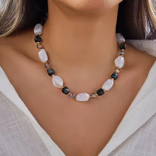 Luxury Black & White Beaded Crystal Necklace - Irregular Stone Choker with Gold Accents, Adjustable 40+5cm, Resin & Crystal Women's Pendant Chain