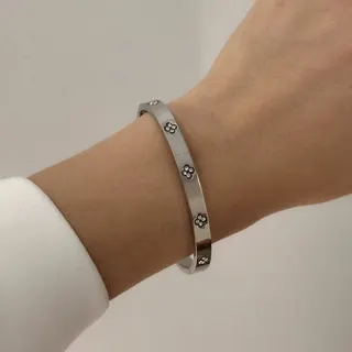 Stainless Steel Bracelet for Women, Silver Rhinestone Flower Bangle, Hypoallergenic Tarnish-Free Slim Cuff, Stackable Jewelry