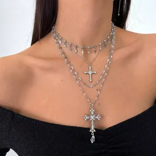 Gothic Cross Pendant Necklace Women, 4-Layer Rhinestone Chain, White Gold Plated Alloy, Punk Y2K Statement Collar Necklace
