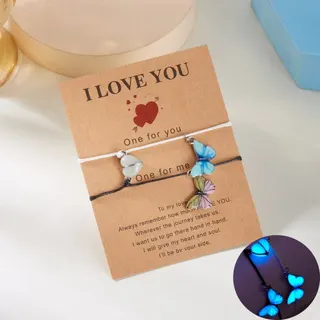 Glow in the Dark Butterfly & Heart Bracelet Set for Couples/Best Friends, Adjustable Braided Cord with Alloy Charms, 15-30cm, Gift with I Love You Card