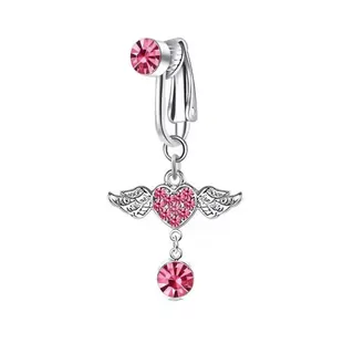 Angel Wings Rhinestone Belly Button Ring, Pink Crystal Heart Dangle Navel Piercing, Alloy Non-Piercing Belly Bar, Sweet Girl Fashion Body Jewelry