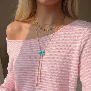 Colorful Daisy Flower Necklace Set 4pcs - Adjustable Lariat Y-Shape Pendant & Layered Choker, Alloy + Pearl, 18K Gold Plated, 38+5cm/80cm, French Girl Style Jewelry for Women