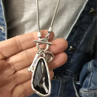 Vintage T-Bar Toggle Water Drop Necklace, Alloy Snake Chain with Faceted Dark Crystal Pendant & Bell Charm, Y2K Gothic Long Necklace ~75cm
