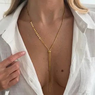18K Gold Plated Tassel Lariat Necklace, Stainless Steel Half-Moon & Snake Chain Y-Pendant, Adjustable 60+5cm Minimalist Clavicle Chain for Women