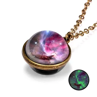Galaxy Nebula Glow-in-the-Dark Double-Sided Vintage Pendant Necklace, Alloy & Glass Cosmic Starry Round Charm, Antique Gold Chain for Women, 2x2cm