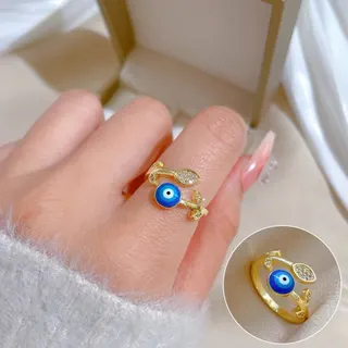 Open Adjustable Evil Eye Ring for Women, Blue Stone Leaf Zircon Gold Plated Ring, Boho Retro Lucky Eye Finger Ring, Stackable Jewelry Gift