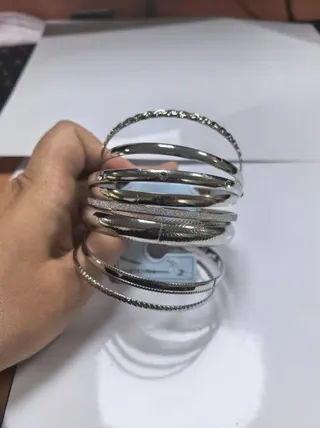 Vintage Silver Tone Bangle Set - Alloy Rhodium Plated Stackable Bracelets, Mixed Polished Matte Twisted Beaded Finish, Open Cuff Bangle for Women