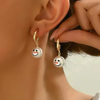 Christmas Snowman Pearl Drop Earrings, Cute Hand-painted Face Alloy 18K Gold Plated Dangle Earrings for Women, Holiday Gift Jewelry