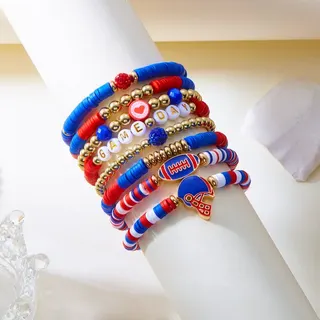 Game Day Football Beaded Bracelet Set of 7 - Red White Gold Alloy & Polymer Clay Charm Bracelets with Helmet, Jersey & Football Pendants, Fan Support Stacking Bracelets for Women, 18cm