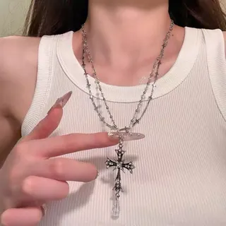 Gothic Cross Pendant Necklace Double Layer Chain Alloy Silver Plated Rhinestone Hollow Cross Drop Bead Y2K Punk Chic Long Necklace for Women