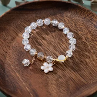 Blue Crackle Glass Moonstone Flower Bracelet - Adjustable Beaded Charm Bracelet with Enamel Flower Pendant, Elegant Gift for Women
