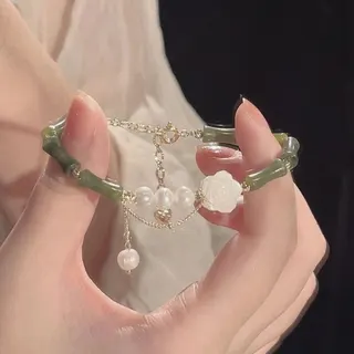 Camellia Bamboo Bead Imitation Pearl Bracelet - French Vintage Tassel Charm Handmade Beaded Bangle for Women, 18K Gold Plated Alloy, 18cm