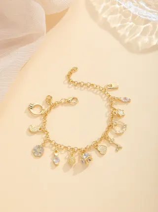 Snowflake Charm Bracelet - 13 Dangle Charms, 18K Gold Plated Alloy with Rhinestones, Adjustable 17+5cm, Elegant Gift for Women