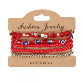 Bohemian Evil Eye Multi-Strand Beaded Bracelet Set, 5pcs Red Glass & Seed Bead Elastic Stackable Bracelets, Ethnic Vacation Jewelry Gift for Women