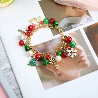 Christmas Beaded Bracelet for Women - 18K Gold Plated Alloy with Pearl, Red & Green Crystal Beads, Bell, Snowflake & Candy Cane Charms, Holiday Gift Jewelry