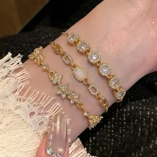 3pcs Gold Tone Crystal Bracelet Set - Floral Geometric Adjustable Slide Bracelets, 18K Gold Plated Alloy with Cubic Zirconia, French Vintage Stackable Jewelry for Women