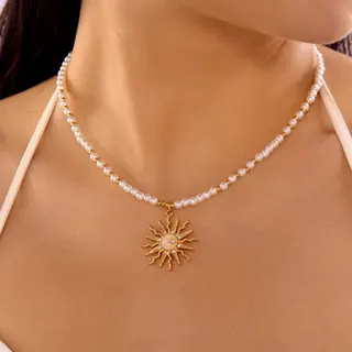 Sun Crystal Necklace Vintage Boho Sunburst Pendant Pearl Chain Collar Necklace 18K Gold Plated Alloy with Zircon 38+5cm Adjustable