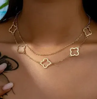 Vintage Lucky Clover Necklace Women Double Layer Long Chain 18K Gold Plated 45cm Fashion Collarbone Chain Gift