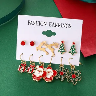 Christmas Earrings Set 6 Pairs - Gold Alloy Enamel Studs & Dangle Earrings with Snowflake, Reindeer, Christmas Tree & Santa Design, Holiday Party Gift Jewelry