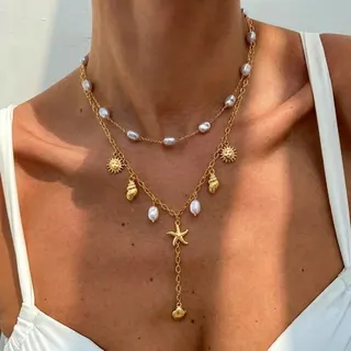 Ocean Sea Star Shell Pearl Layered Necklace, Gold Alloy Imitation Pearl Double Chain Pendant Necklace, French Vintage Beach Jewelry for Women