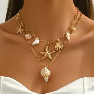 Boho Ocean Starfish Shell Double Layer Necklace, 18K Gold Plated Alloy with Natural Conch & Seashell Pendants, Summer Beach Layered Choker 45+5cm