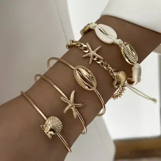 Boho Ocean Gold Bracelet Set of 5 - Shell Starfish Pearl Bangle & Charm Bracelets, Vintage Beach Jewelry Gift for Women
