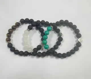 Elastic Beaded Bracelet Set - Natural Stone Round Beads (Tiger Eye / White Jade / Turquoise / Obsidian) with Silver Spacer Beads, ~18cm, Minimalist Boho Jewelry for Women