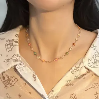 Colorful Daisy Flower Necklace, 18K Gold Plated Alloy with Enamel Daisies & Crystal Beads, Adjustable 41+5cm Sweet Spring Summer Chain