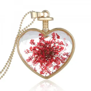 Vintage Heart-shaped Preserved Flower Necklace, Real Red Lace Flower Specimen in Glass Frame, 18K Gold Plated Alloy Pendant, 4.8x3.5cm, Romantic Gift for Her