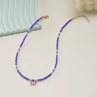 Butterfly Charm Rice Bead Necklace, White with Pink & Gold Accents, Adjustable 38+5cm Choker Chain, Alloy & Beads, Sweet French Style Pendant Necklace for Women