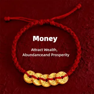 Five Emperor Coins Red Rope Bracelet - Lucky Wealth Attracting Handmade Braided Bracelet for Men & Women, Feng Shui Protection & Prosperity Gift, Approx 18cm