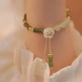 New Chinese Style Bamboo Lily of the Valley Flower Bracelet, Imitation Jade Glass Beads with Double Chain Tassel Drop, Vintage Zen Floral Wristband for Women