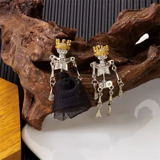 Halloween Skeleton Bride & Groom Crown Earrings, Gothic Asymmetric Dangle Earrings with Black Tulle Skirt, Alloy Silver & Gold Plated, Party Cosplay Jewelry