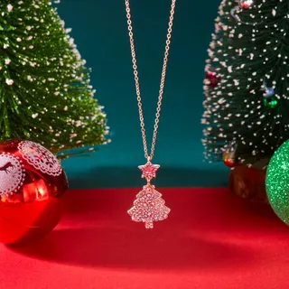 Christmas Tree Necklace Pink Rhinestone Alloy Rose Gold Star Pendant Holiday Jewelry for Women 40+5cm