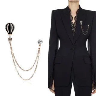 Hot Air Balloon Crystal Enamel Chain Double Brooch, Luxury French Vintage Suit Lapel Pin, Gold-Plated Alloy with Rhinestone Drop, Business Commuter Women's Badge