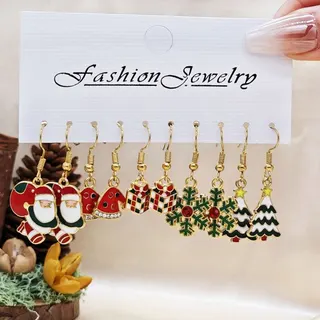 Christmas Earrings for Women, Alloy 18K Gold Plated Santa Reindeer Snowflake Christmas Tree Gift Cute Cartoon Enamel Dangle Earrings, Holiday Party Gift Set (5 Styles)